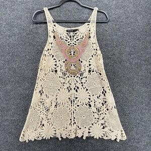 Origami Tank Top Womens S/M Tan Crochet Sheer 90s Fairy Boho Cottagecore Hippie